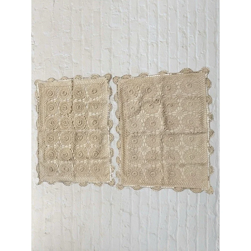 Pair of Vtg Ecru Crochet Cotton Standard Pillow Shams Cottage Shabby Chic